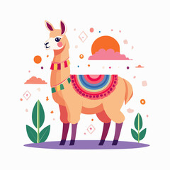 Obraz premium Cute Llama Illustration with Colorful Blanket and Sunset