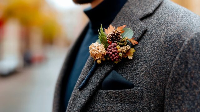 Stylish men's look: a boutonniere of dried flowers is pinned on the lapel