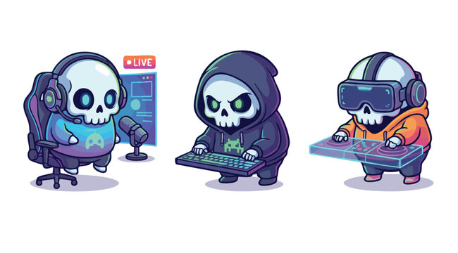 Cute cartoon skeleton characters gaming and live streaming