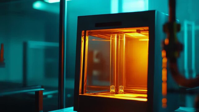Scientific equipment glowing with orange light containing critical medical samples in a controlled cleanroom environment. Enabling advancements in modern technology and innovative healthcare solutions