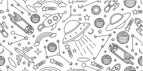 Space themed pattern background. Seamlesa pattern of space themed doodle pattern background. Hand drawn spaces doodle pattern background. Seamless space planet kid doodle universe design. © Predi