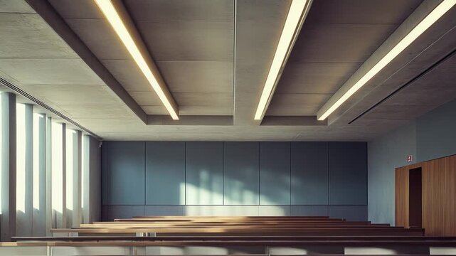 Spacious contemporary lecture hall with concrete ceiling, long fluorescent lights, vertical windows casting sunlight and shadows over wooden bench seating in minimalist academic interior
