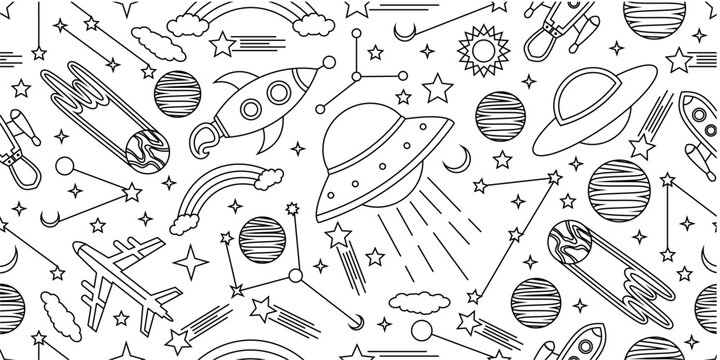 Space themed pattern background. Seamlesa pattern of space themed doodle pattern background. Hand drawn spaces doodle pattern background. Seamless space planet kid doodle universe design.