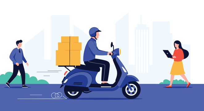 Fast delivery service concept featuring a courier on a blue scooter with boxes driving past people on a modern city street.