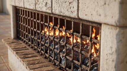 Fototapeta premium Close-up of a glowing gas fireplace with decorative metal grate and stone surround emitting warmth and ambiance