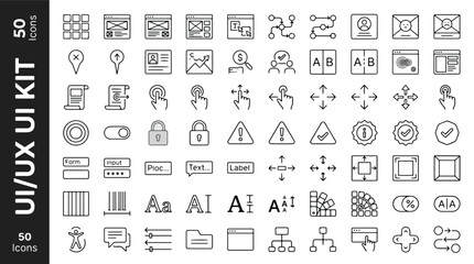 UI UX design icon set containing web development, wireframe, app interface, touch gesture, accessibility, layout, typography editable line icons vector illustrations © Ai
