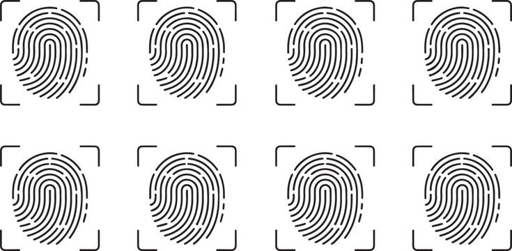 Set of fingerprint icons, biometric security identification, digital scan, thumbprint sign, vector illustration