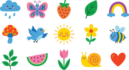 Cute cartoon garden sticker set featuring happy sun, rain cloud, rainbow, bluebird, honey bee, snail, and colorful flower characters in a flat vector style. © MST