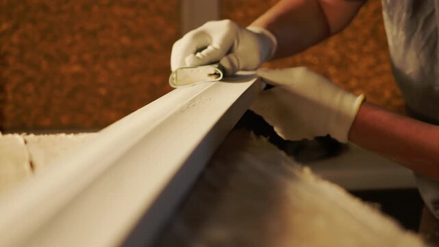 Worker sanding wooden board by hand during furniture manufacturing process in woodworking workshop.