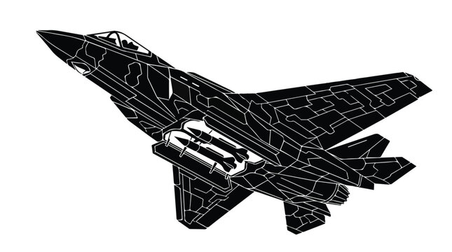 Black and white line art illustration of a military fighter jet in flight against a plain white background.