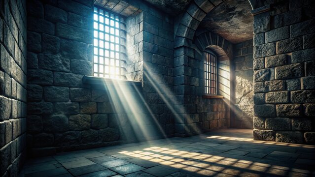 A photo of a dark ancient stone dungeon room with a barred window, flickering light rays casting eerie shadows across the walls and floor