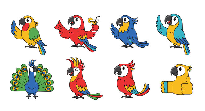 Cheerful collection of eight cartoon parrot characters in various funny poses including a peacock and one with a cocktail drink.