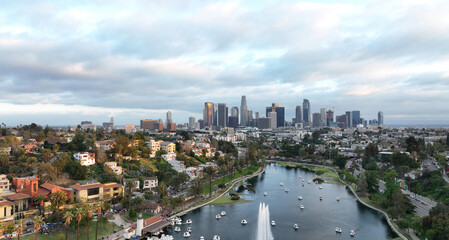 Fototapeta premium Los Angeles cityscape urban modern buildings. Los Angeles downtown financial district towers. Los Angeles aerial panorama California city. Los Angeles architecture towers district.