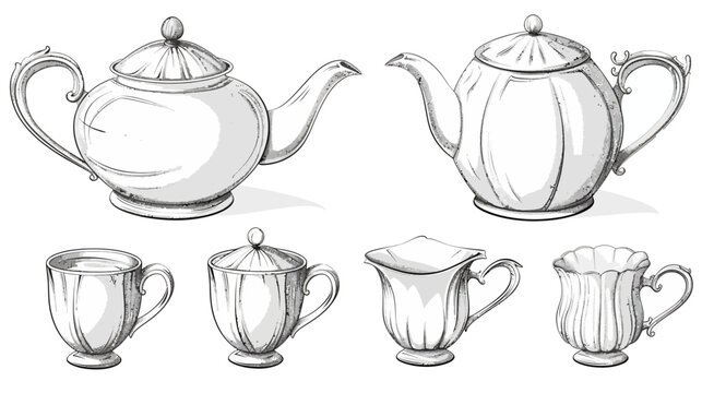 Sketched teapots and cups depict detailed ceramic tableware in a monochromatic style