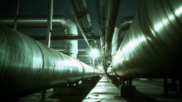 Large insulated pipes of a manufacturing facility spanning above a wet concrete ground, illuminated by artificial light in a dramatic perspective during darkness