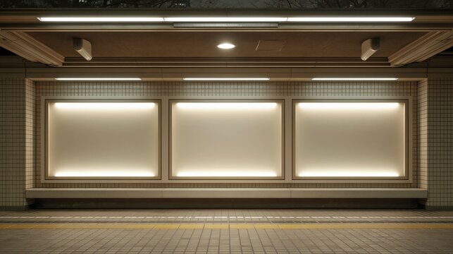 Empty illuminated advertising billboards in a modern subway station platform, ready for content