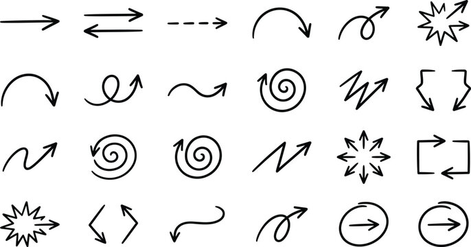 Arrows collection features twenty distinct hand-drawn style line indicators for emphasizing directions and flow in graphic layouts.