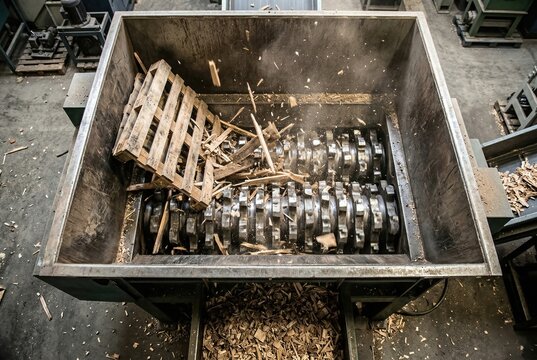 Overhead view of wooden pallet being crushed inside heavy shredder bin
