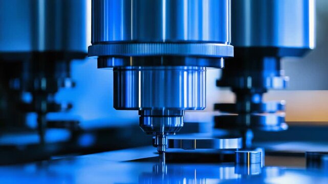 High tech manufacturing machine performing accurate quality control on a micro component with advanced optical technology, representing industrial innovation and scientific precision