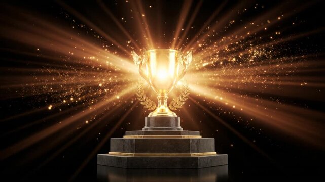 Single golden trophy atop grand podium, radiant rays and sparkling particles, victory and achievement concept, 4K video