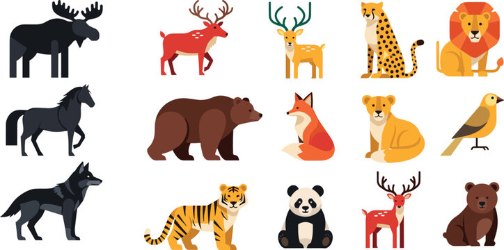 Colorful flat design wild animal set featuring moose, deer, cheetah, lion, horse, bear, fox, cub, bird, wolf, tiger, panda and brown bear on white background
