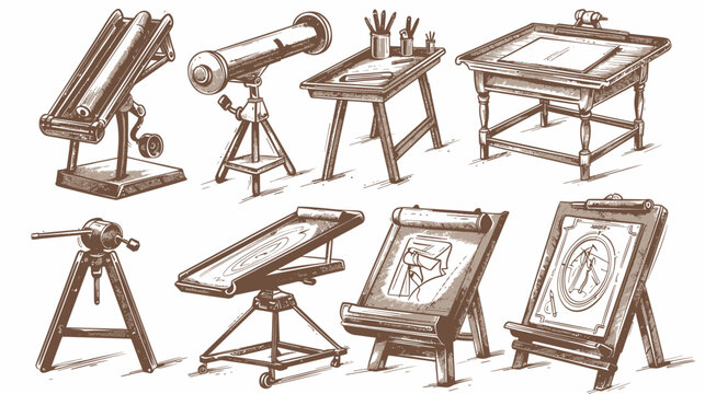 Antique illustration shows drawing equipment tables, telescope, easel and drafting tools