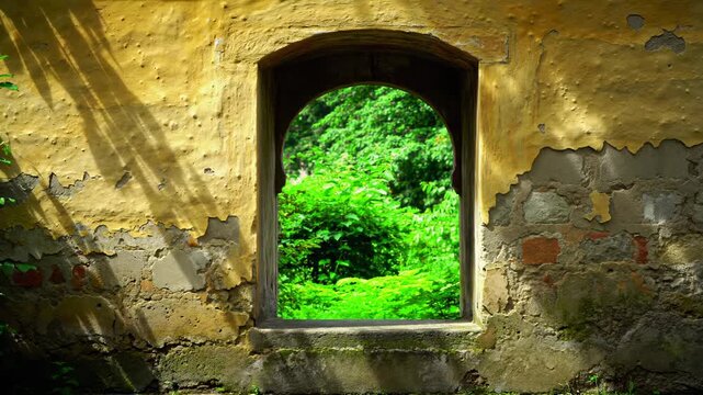 An arch window frames lush green foliage within crumbling stone