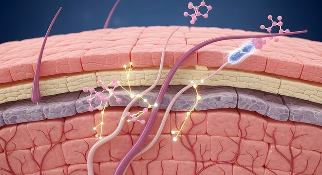 Close up illustration of human skin anatomy showing layers with hair follicles and collagen fibers for medical education