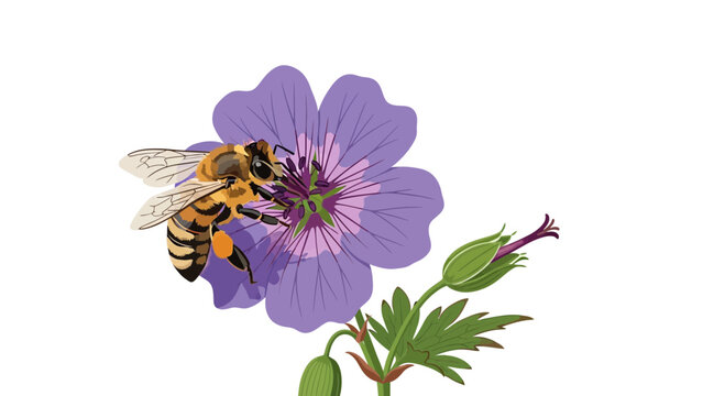 Honey bee pollinating a purple geranium flower on white background