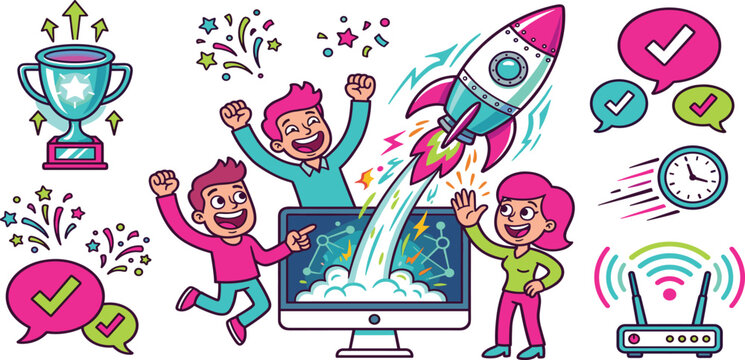 Successful business startup launch vector concept with cheerful team celebrating rocket flying from monitor