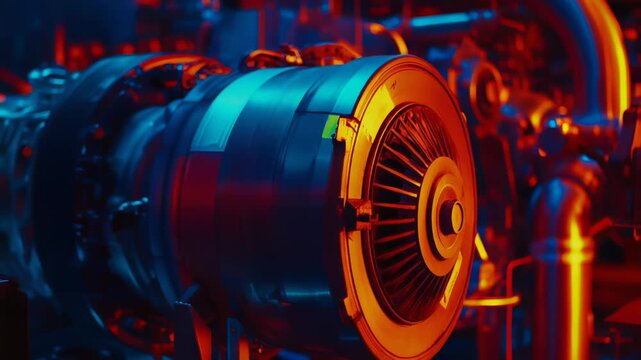 Industrial turbine engine showcasing advanced technology and engineering in action, with bright contrasting colors highlighting its complex components and mechanism