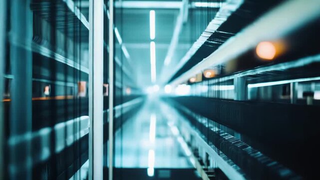 Server racks with numerous computing units and cables creating a deep, technological perspective, focusing on network infrastructure and digital information in a modern facility