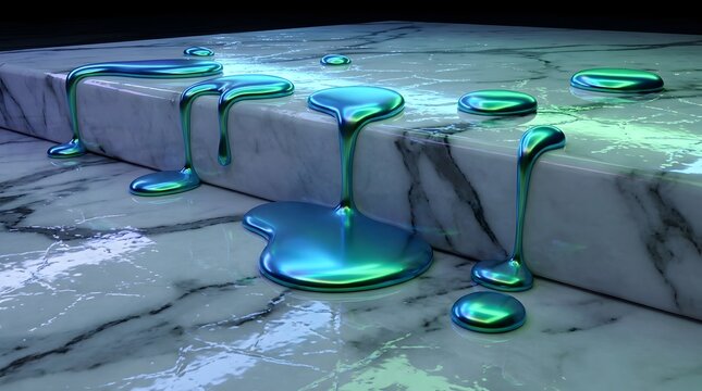 Vibrant green liquid metal flows over and pools on a sleek white marble surface with gray veins.
