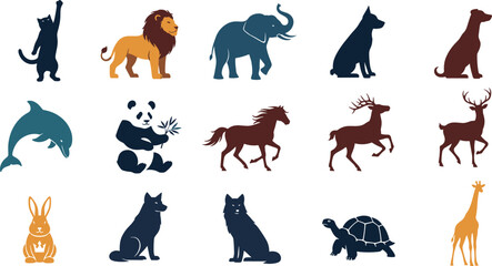 Colorful flat silhouette animal icon set featuring cat, lion, elephant, dog, dolphin, panda, horse, deer, rabbit, wolf, turtle and giraffe on white background © MdImran