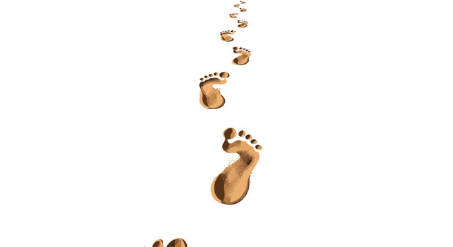 Brown sandy footprints leading into the distance on white background