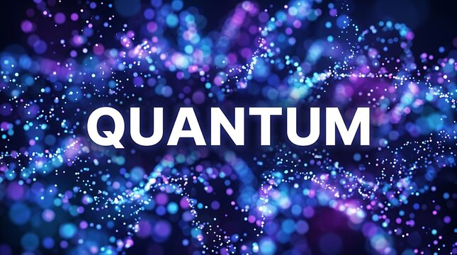 Quantum text overlay on abstract glowing purple and blue particles background with technology, abstract