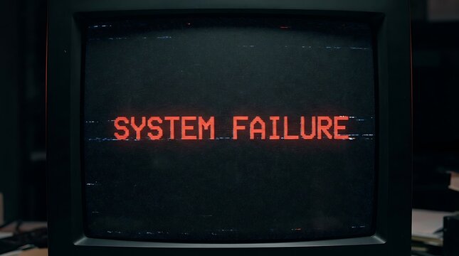 System failure text in red on a dark computer screen with static computer technology electronic hardware