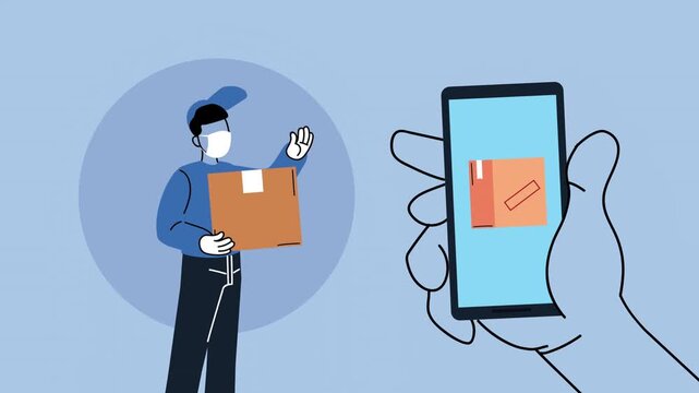 Delivery service animation with courier wearing face mask holding cardboard box and hand holding smartphone application.