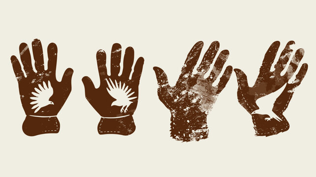 Four hands with white bird silhouettes, textured brown against beige backdrop