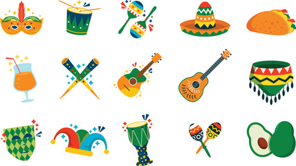 Naklejka premium Set of Mexican fiesta and carnival celebration icons.Vibrant flat design icons for Mexican cultural festival.