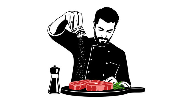Professional male chef seasoning raw beef steaks on cutting board