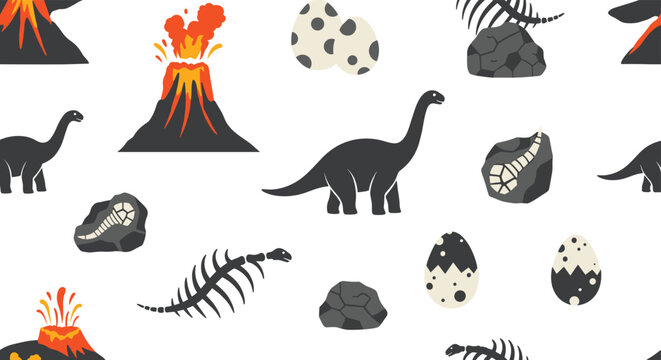 Playful seamless pattern featuring various dinosaurs and prehistoric elements like erupting volcanoes and ancient fossils for kids.