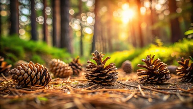 A photo of pine cones scattered on the forest floor, fallen from a towering evergreen tree