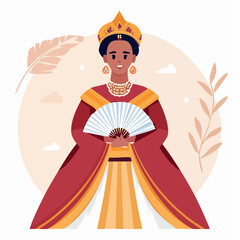 Obraz premium Illustration of a Queen in Traditional Attire Holding a Fan