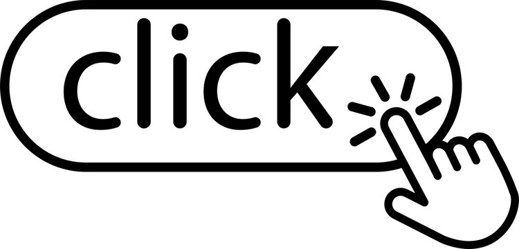 Hand clicking on click here button icon with finger pointer