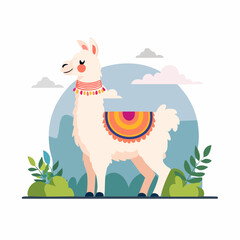 Obraz premium Cute Llama Illustration with Colorful Blanket and Andean Landscape
