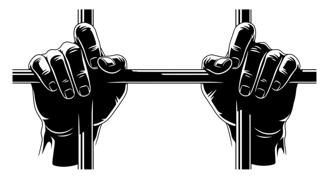 Hands grasping prison bars in black and white silhouette style