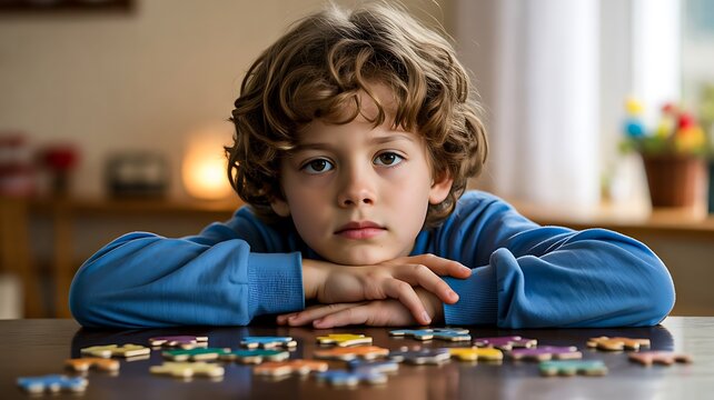 Sad young boy sitting at table with jigsaw puzzle pieces and emotional expression indoors