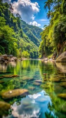 Obraz premium A photo of a serene Nanay River flowing through dense forested hills with clear waters reflecting the surrounding greenery