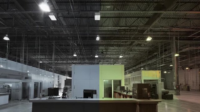 Modern industrial facility interior featuring a reception desk and workstations in a spacious warehouse, showcasing infrastructure and efficient operational spaces for manufacturing and logistics